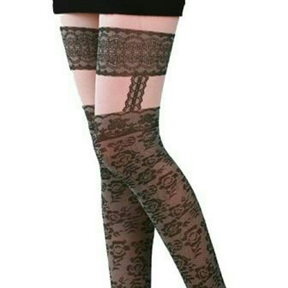Black and ivory stockings Tights Look Like Garter High Socks Floral Flower Roses